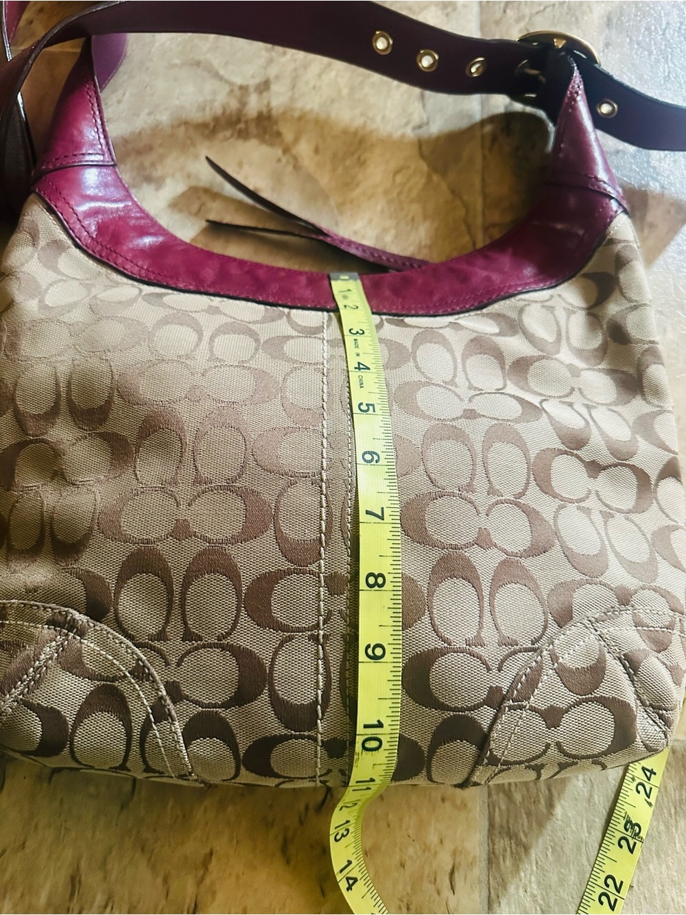 Coach Brown Signature Canvas Shoulder Bag with Burgundy Leather Trim - Picture 13 of 15